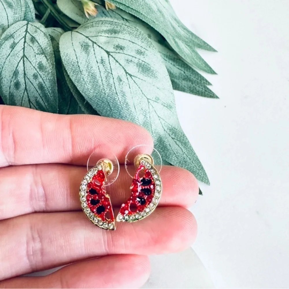 2/$30🌵 Watermelon Slice Fruit Rhinestone Pave Stud Summer Small Dainty Earrings